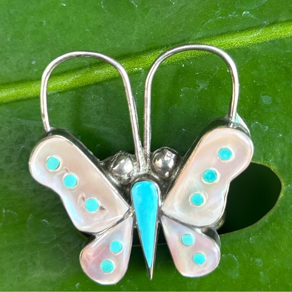 Vintage native America style inlay turquoise mother of pearl butterfly ring 6
